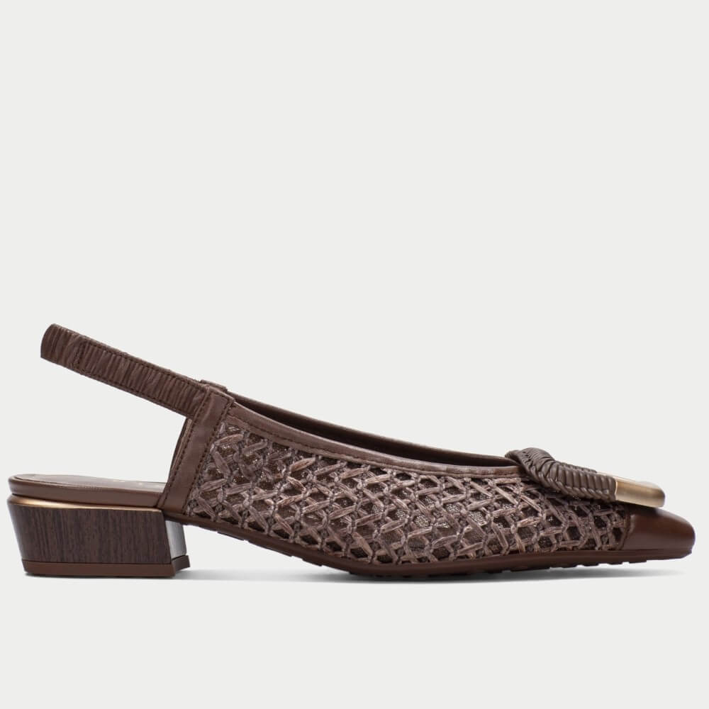 Pair of Hispanitas brown slingback shoes with gold accents on a white background