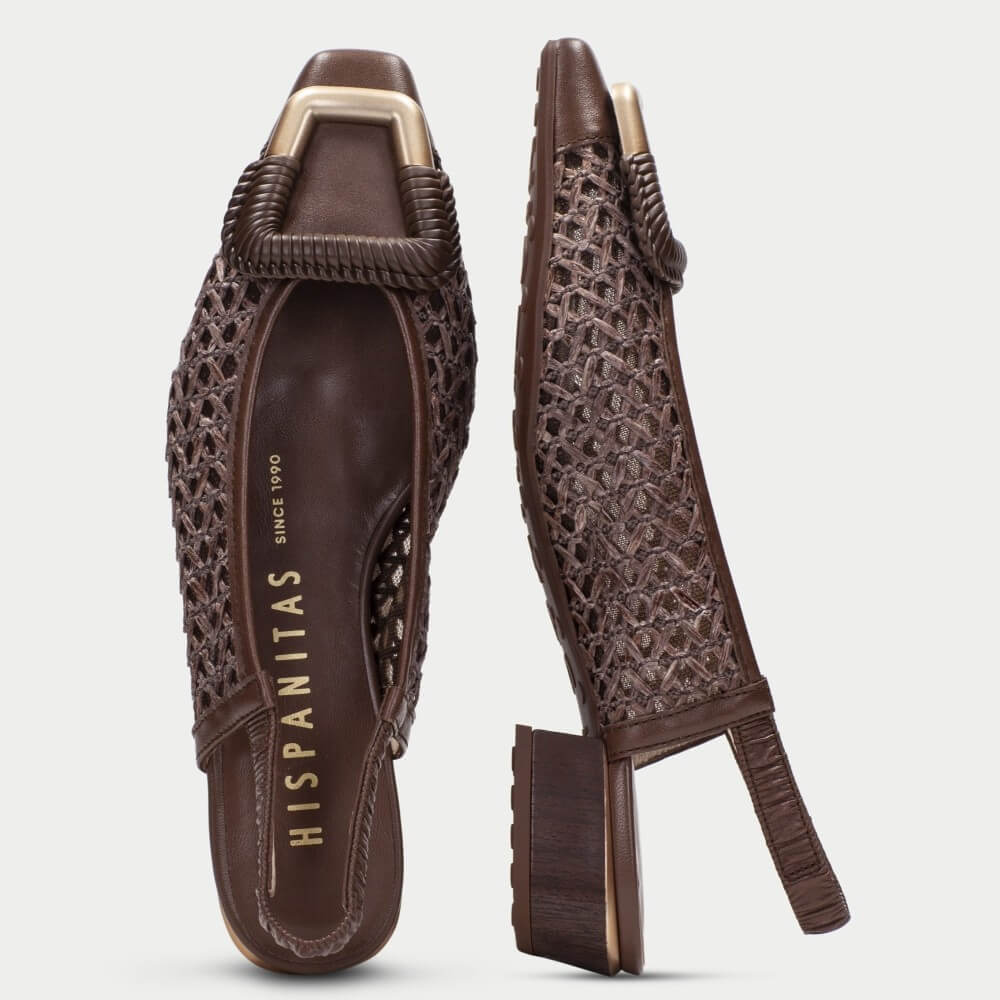 Pair of Hispanitas brown slingback shoes with gold accents on a white background