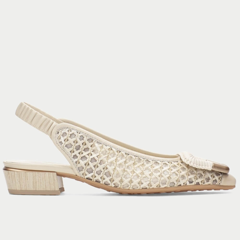 Hispanitas Beige sandal with  raffia lace detailing on a white background