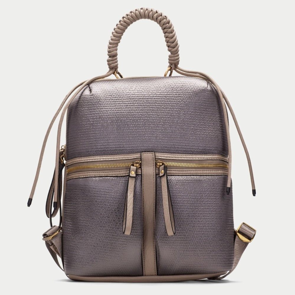 A Hispanitas textured metallic taupe backpack with a braided top handle, gold-tone zippers, and matching  straps, shown against a light grey background.