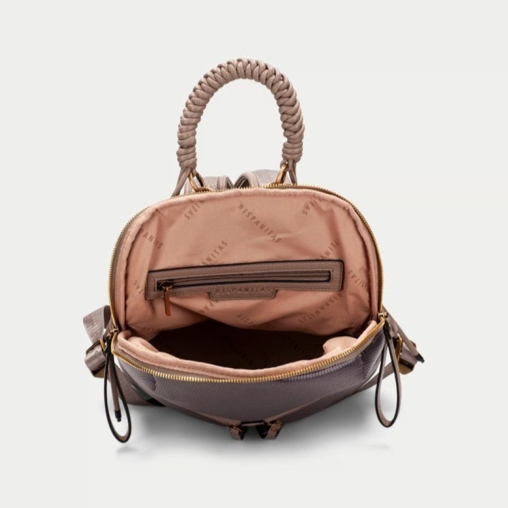 An open handbag in taupe and brown, showing a dusty pink interior lining with a zippered pocket and a coiled top handle, set against a light gray background.