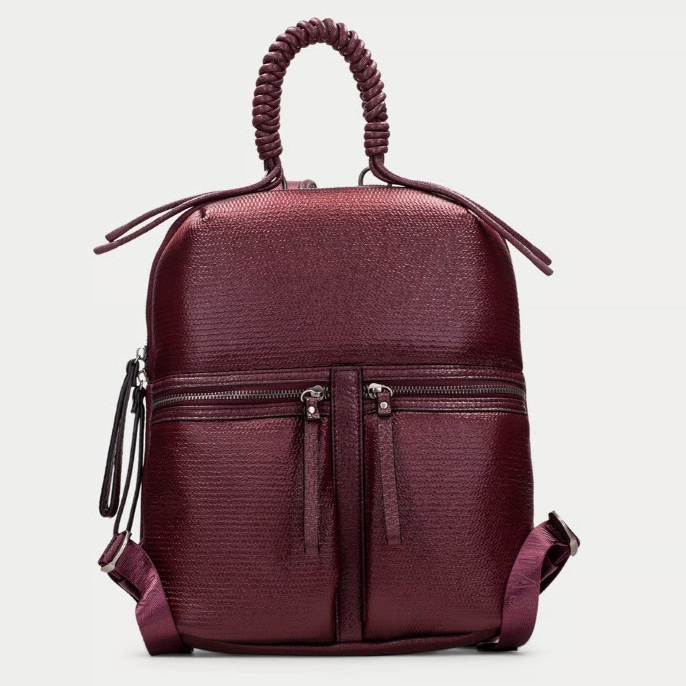 A Hispanitas textured metallic wine backpack with a braided top handle, gold-tone zippers, and matching  straps, shown against a light grey background.