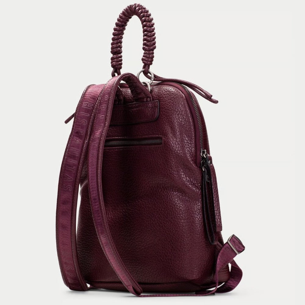 A Hispanitas textured metallic wine backpack with a braided top handle, gold-tone zippers, and matching  straps, shown against a light grey background.
