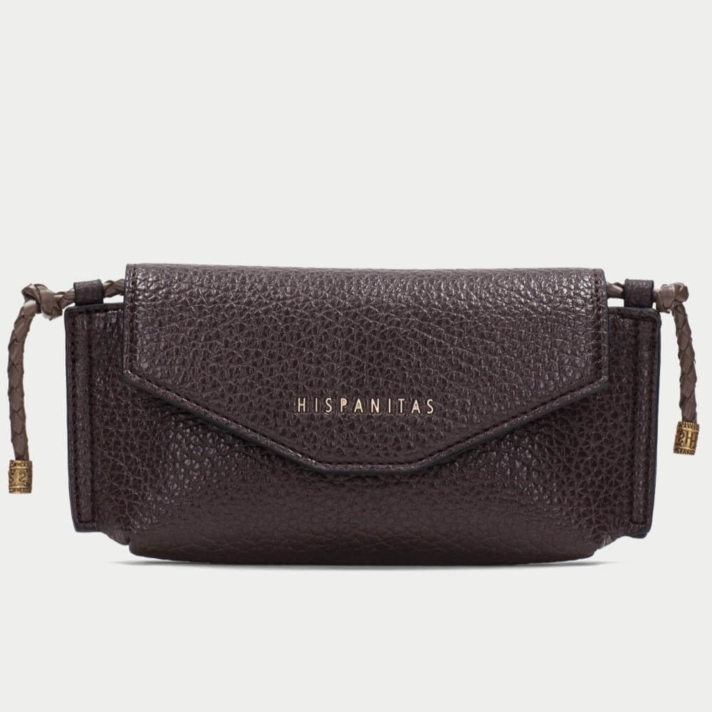 A dark brown pebbled  crossbody bag with a flap closure and gold-tone 'HISPANITAS' branding, shown against a light grey background.