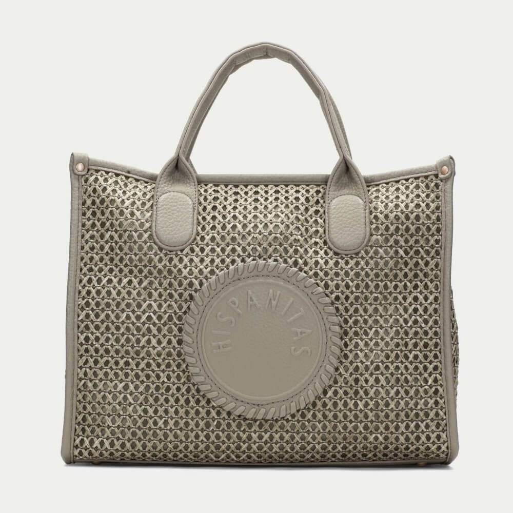 Hispanitas green textured handbag with brand logo on a light grey background