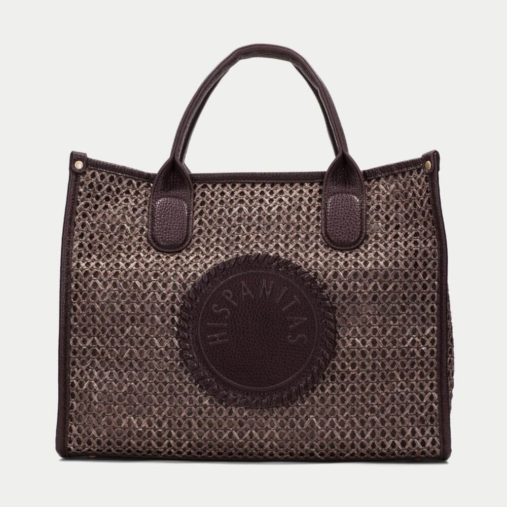 Hispanitas Brown woven handbag with a circular logo on a light grey background