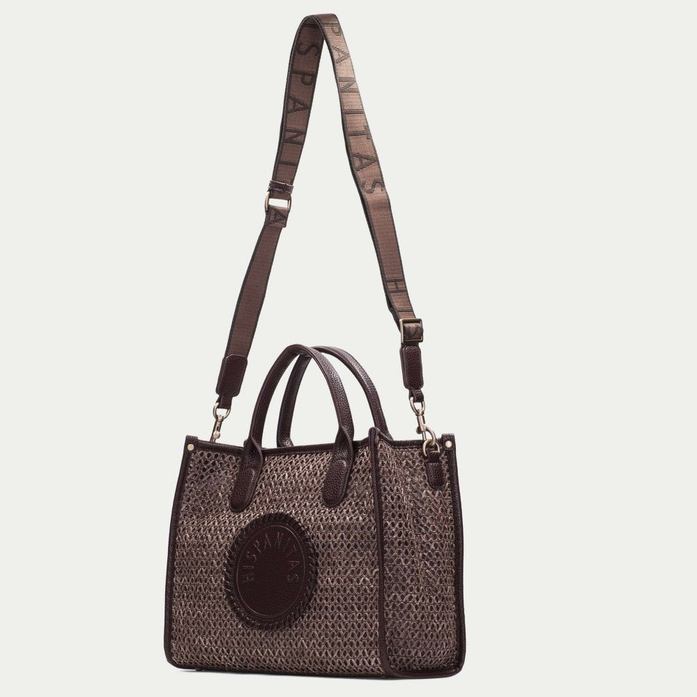 Hispanitas Brown woven handbag with a circular logo on a light grey background
