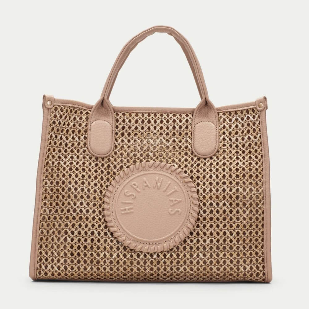 Hispanitas Beige woven handbag with a visible brand logo on a light grey background