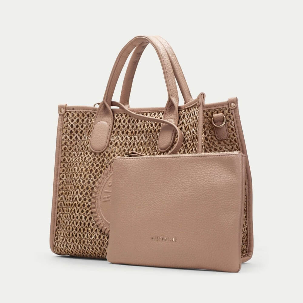 Hispanitas Beige woven handbag with a visible brand logo on a light grey background