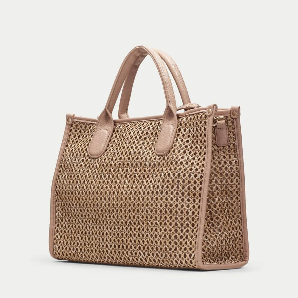 Hispanitas Beige woven handbag with a visible brand logo on a light grey background