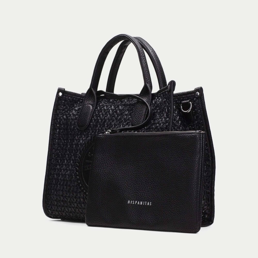 Hispanitas Black woven handbag with a circular logo on a light grey background