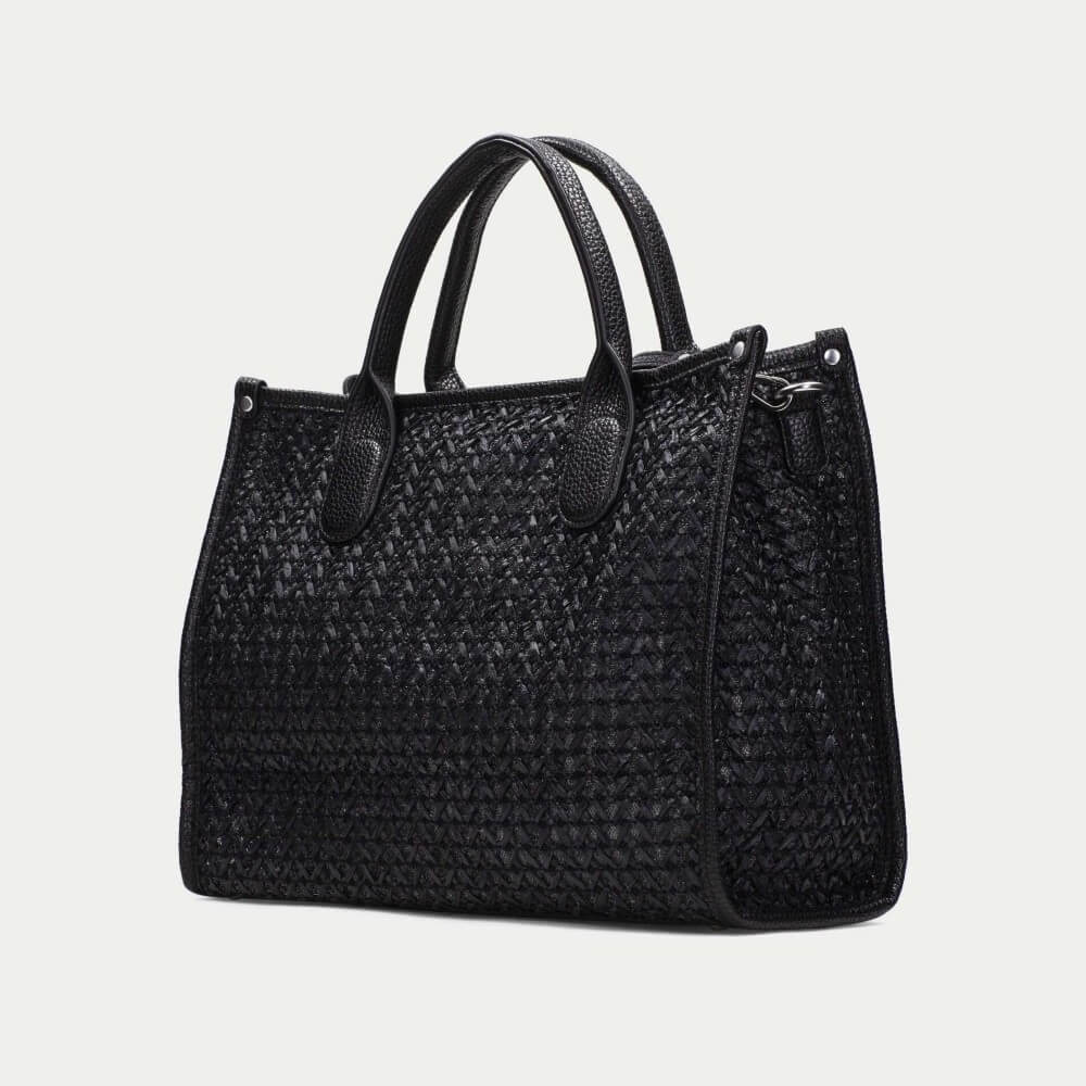 Hispanitas Black woven handbag with a circular logo on a light grey background