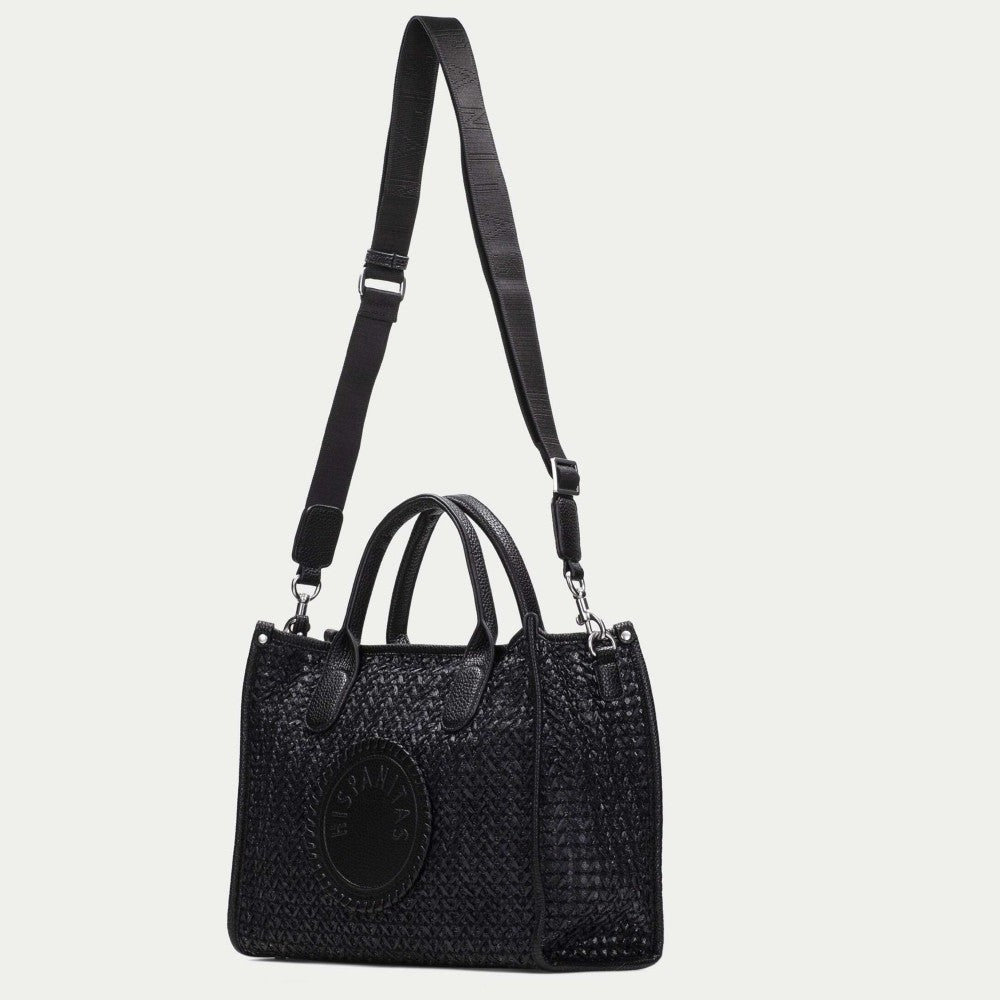 Hispanitas Black woven handbag with a circular logo on a light grey background