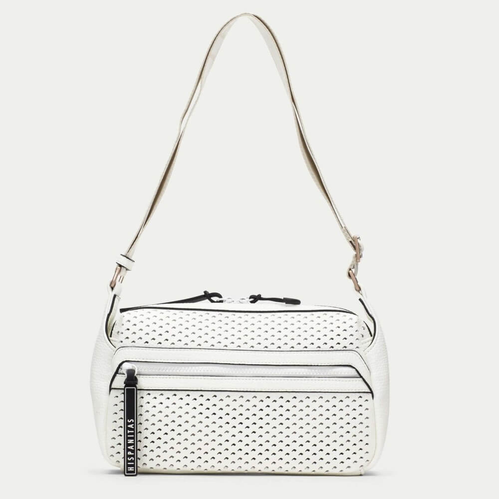 Hispanitas off White handbag with perforated design on a light grey background