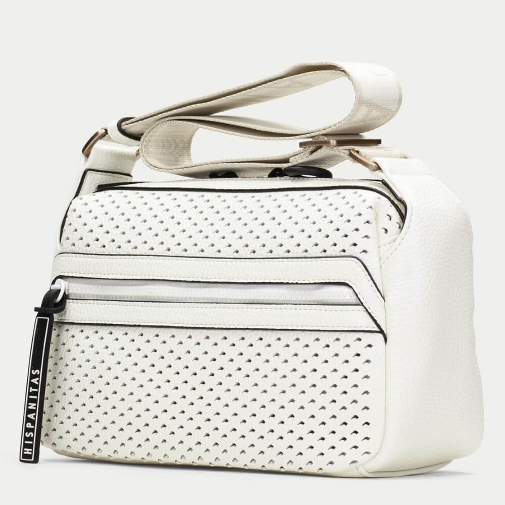 Hispanitas off White handbag with perforated design on a light grey background