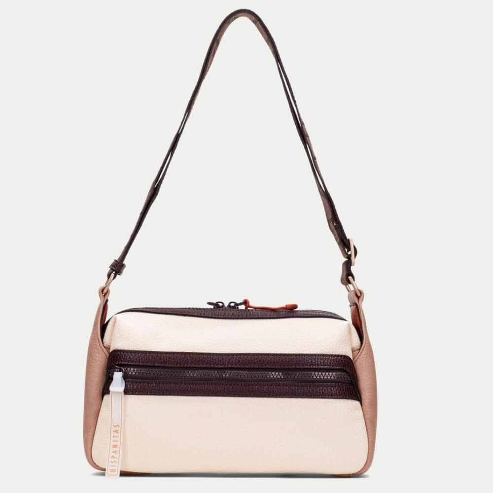 Hispanitas Beige handbag with brown accents on a light grey background