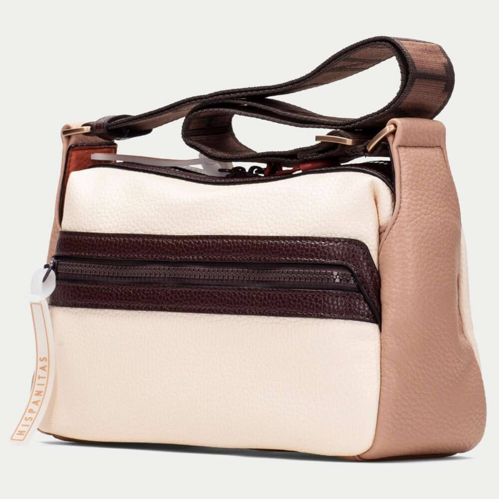 Hispanitas Beige handbag with brown accents on a light grey background