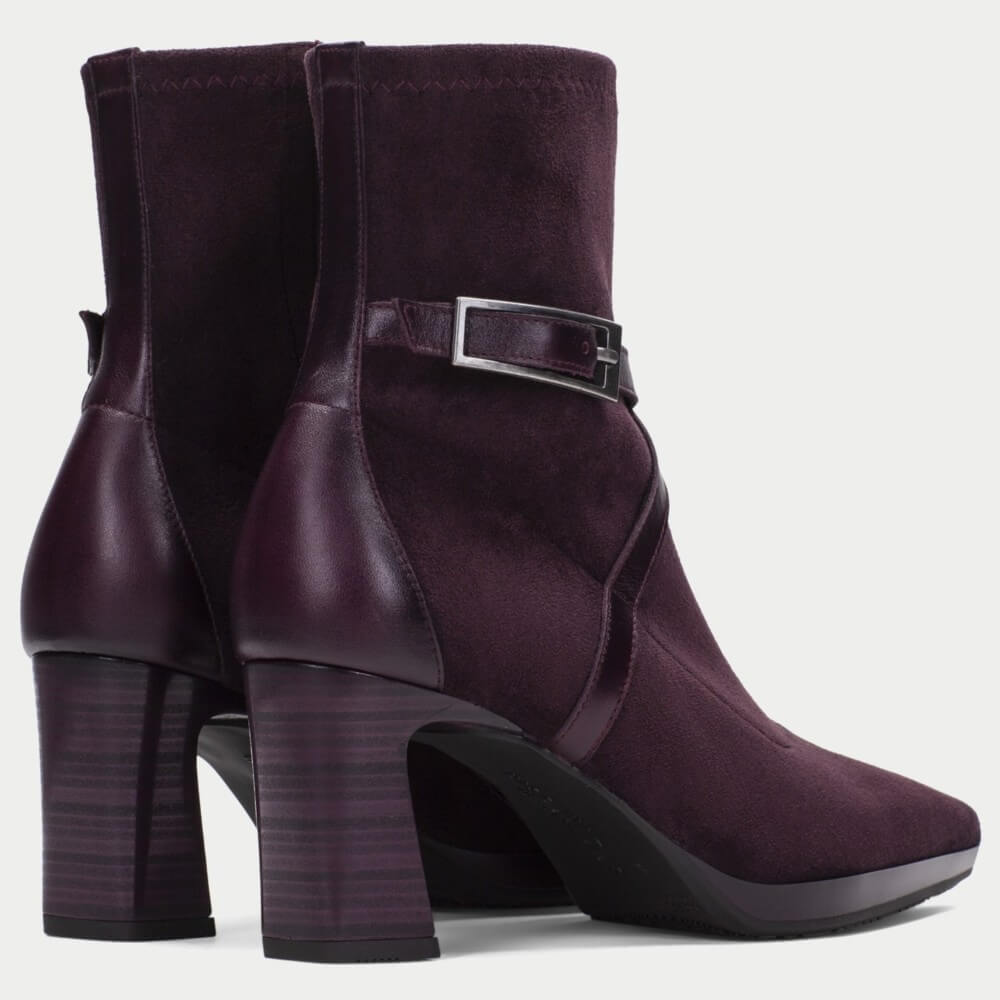 A pair of Hispanitas Bordeaux suede ankle boots with pointed toes, block heels, and decorative side straps with a grey silver buckle, shown against a light grey background.