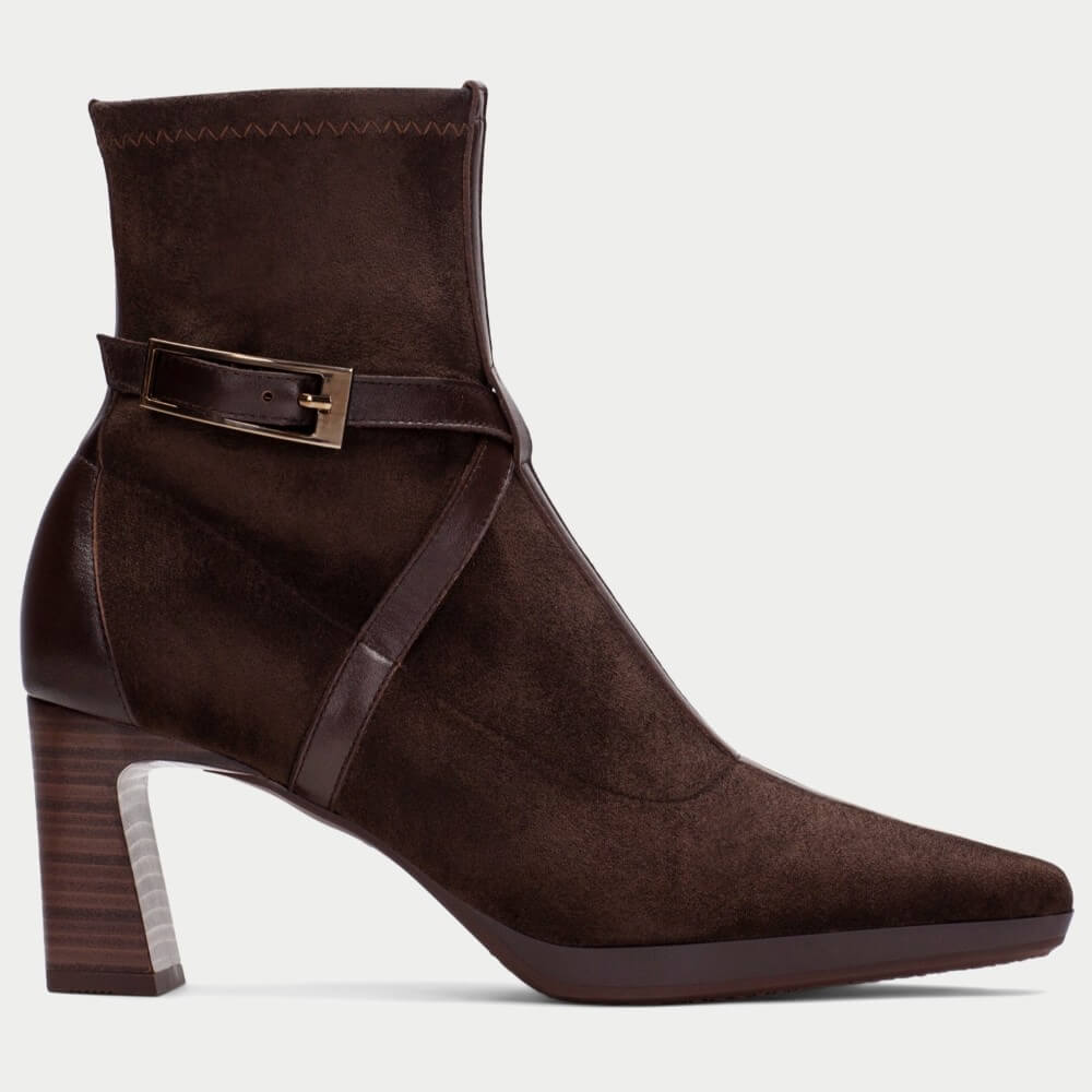 A Hispanitas dark brown suede ankle boot with a pointed toe, a stacked block heel, and a decorative brown leather strap with a gold-tone buckle around the ankle.
