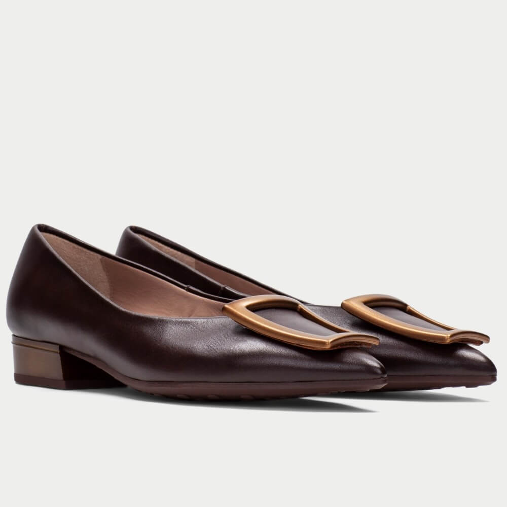 A pair of Hispanitas dark brown leather low-heel pumps with a square toe and a decorative gold-tone metal buckle detail on the vamp, shown against a light gray background.