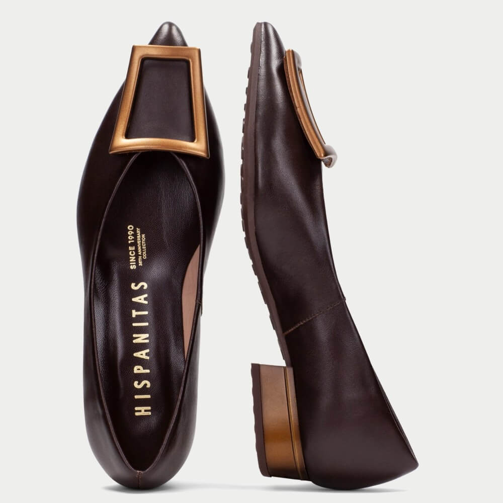 A pair of dark brown leather pointed-toe flats by Hispanitas, featuring a square gold-tone metal buckle on the vamp and a stacked block heel, shown from both top and side angles against a light gray background.
