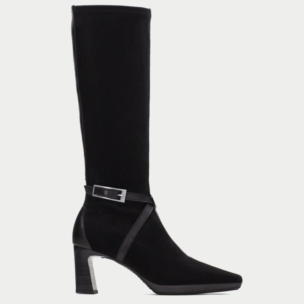 Hispanitas Black suede Knee High boots with stacked high heel on a white background