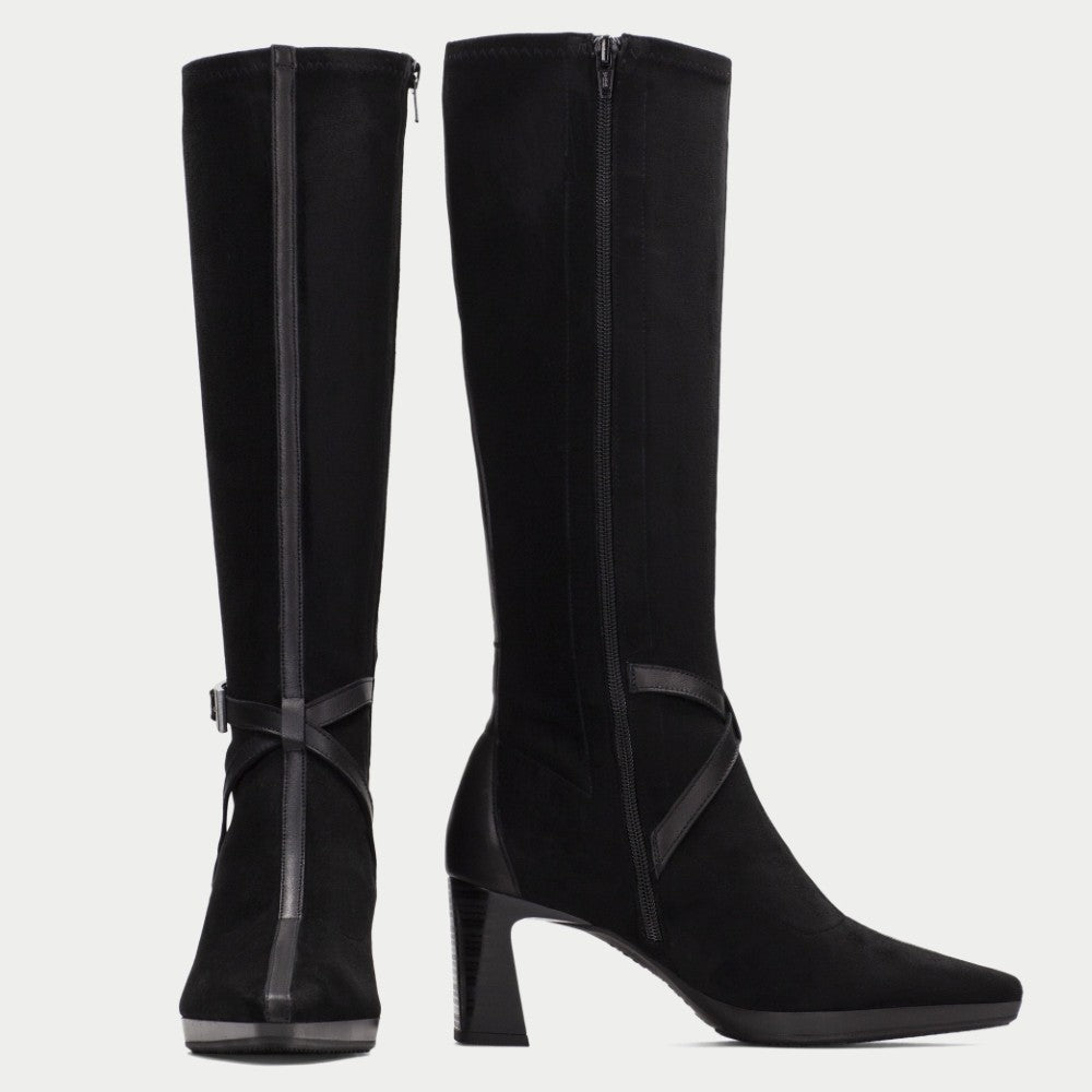 Pair of Hispanitas Black suede Knee High boots with stacked high heels on a white background