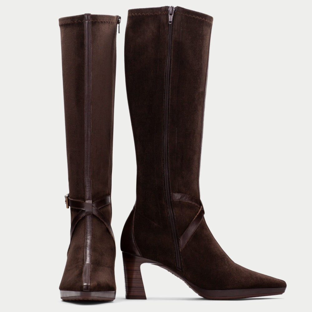 Pair of Hispanitas Brown suede Knee High boots with stacked high heels on a white background