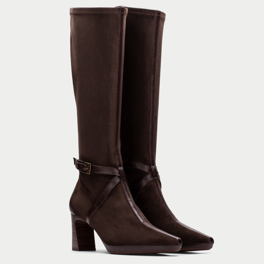 Pair of Hispanitas Brown suede Knee High boots with stacked high heels on a white background