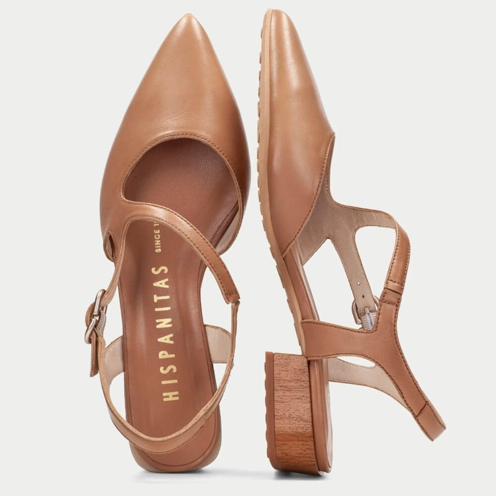 Hispanitas HV264773 Tan low-heeled shoe with a slingback design on a light gray background