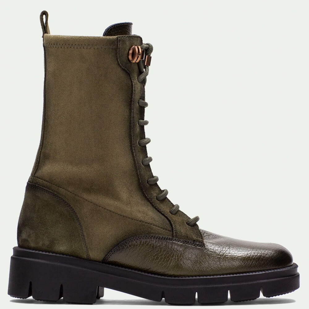 Green leather boot with a black sole. Hispanitas Hamburg HI254234 Lace-up Leather Boot Army Green