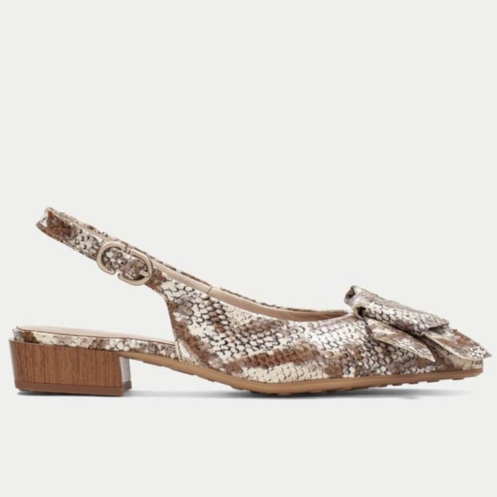 Hispanitas Snake print slingback shoe with wooden heel on a white background