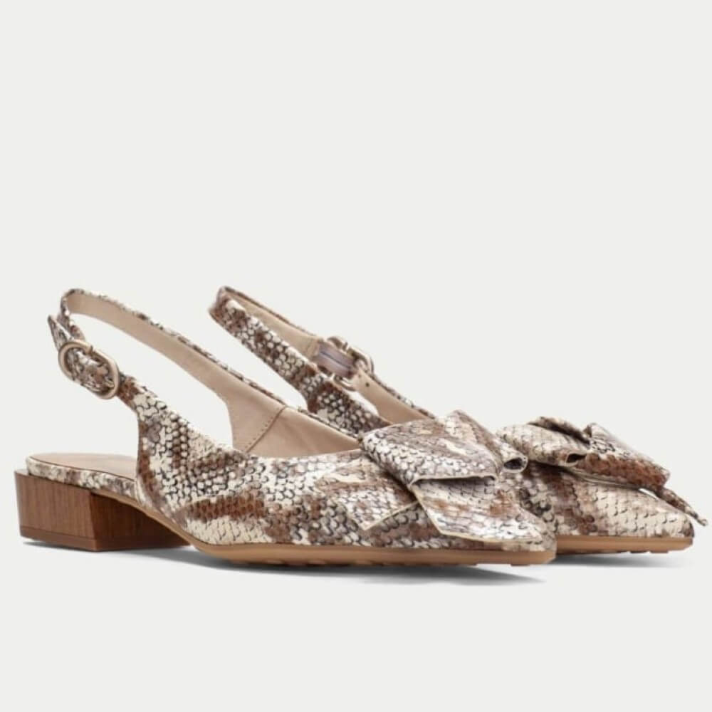 Hispanitas Snake print slingback shoe with wooden heel on a white background
