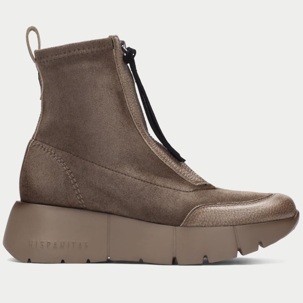 A Hispanitas Taupe brown slip-on ankle boot with a textured suede-like upper, a black zipper pull, and a chunky platform sole, shown against a light grey background.