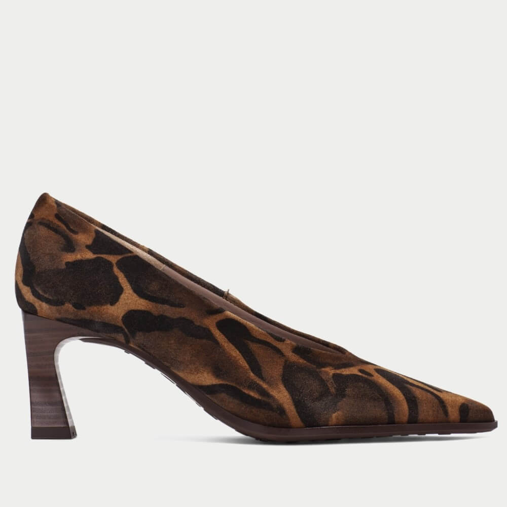 A Hispanitas  pointed-toe pump shoe with a brown and black animal-print pattern, featuring a dark brown block heel, shown against a plain light grey background.