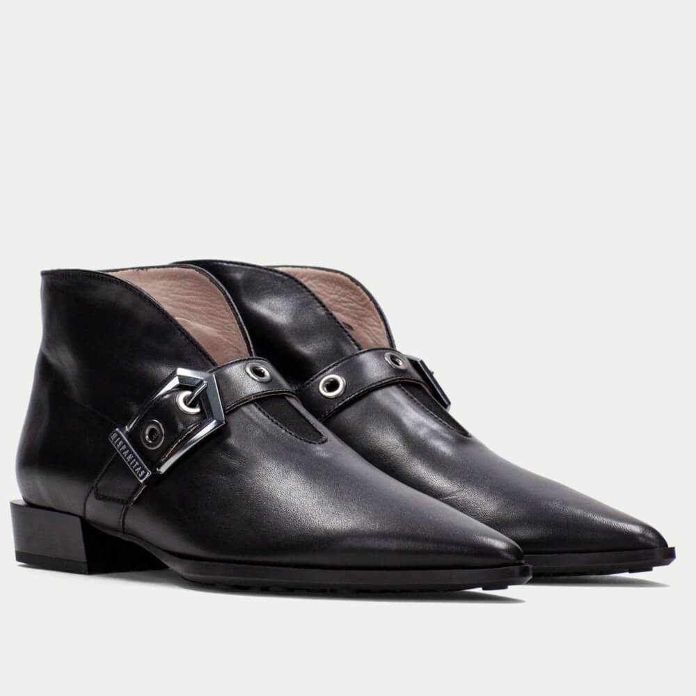 Black leather boot with a buckle on a light gray background Hispanitas Turin Leather Ankle Boot HI254360