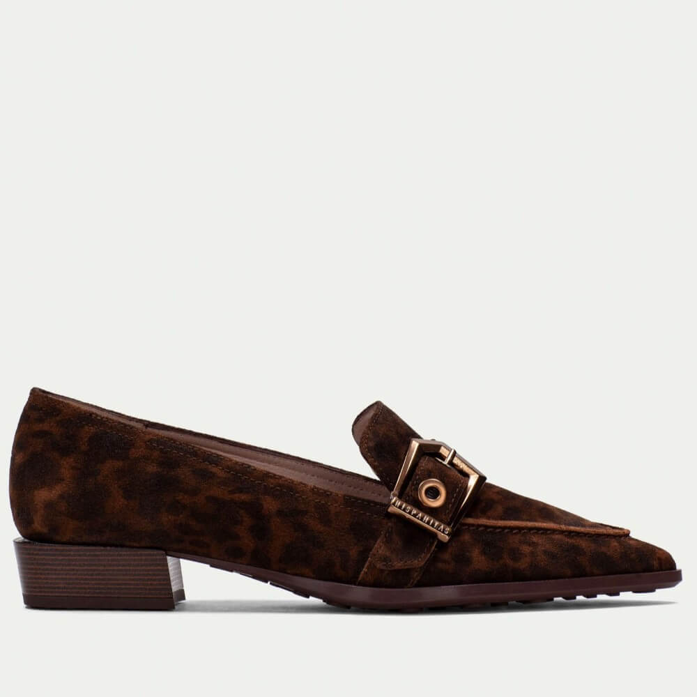 Brown leopard print loafer with a gold buckle on a light gray background Hispanitas Turin loafers HI254262