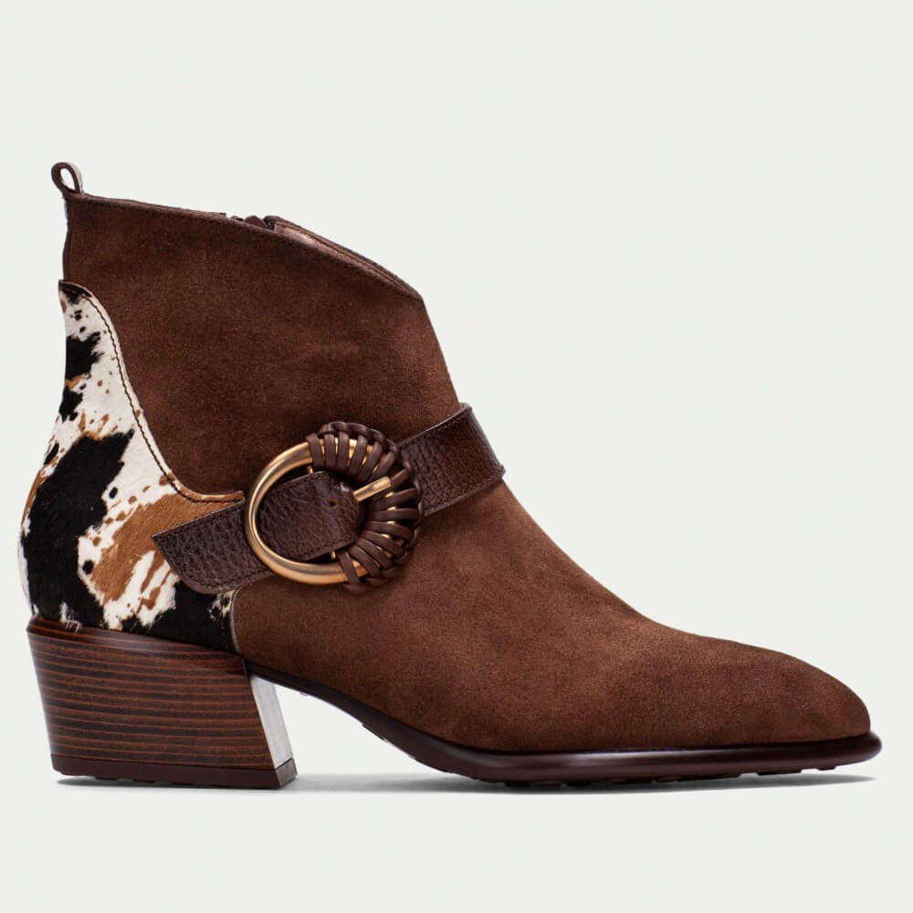 Brown suede ankle boot with cowhide patch and decorative buckle on a white background Hispanitas Verona ZPI254256 boot