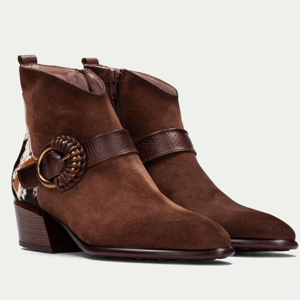 Brown suede ankle boot with cowhide patch and decorative buckle on a white background Hispanitas Verona ZPI254256 boot
