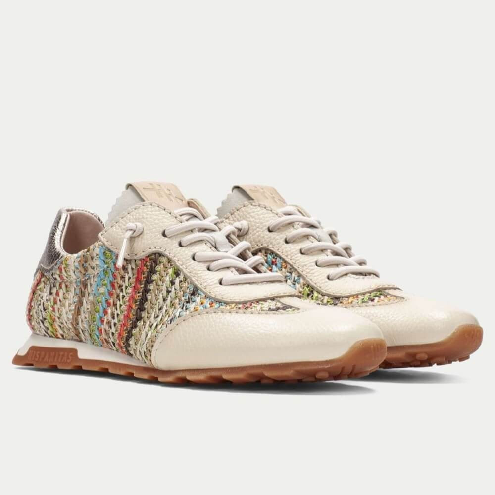 Pair of Hispanitas Multicoloured Raffia and Leather trainers with elastic laces