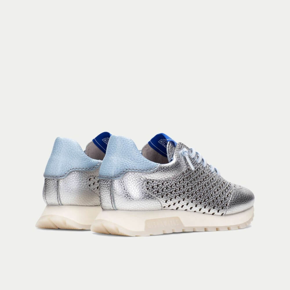 Silver and light blue sneakers on a white background