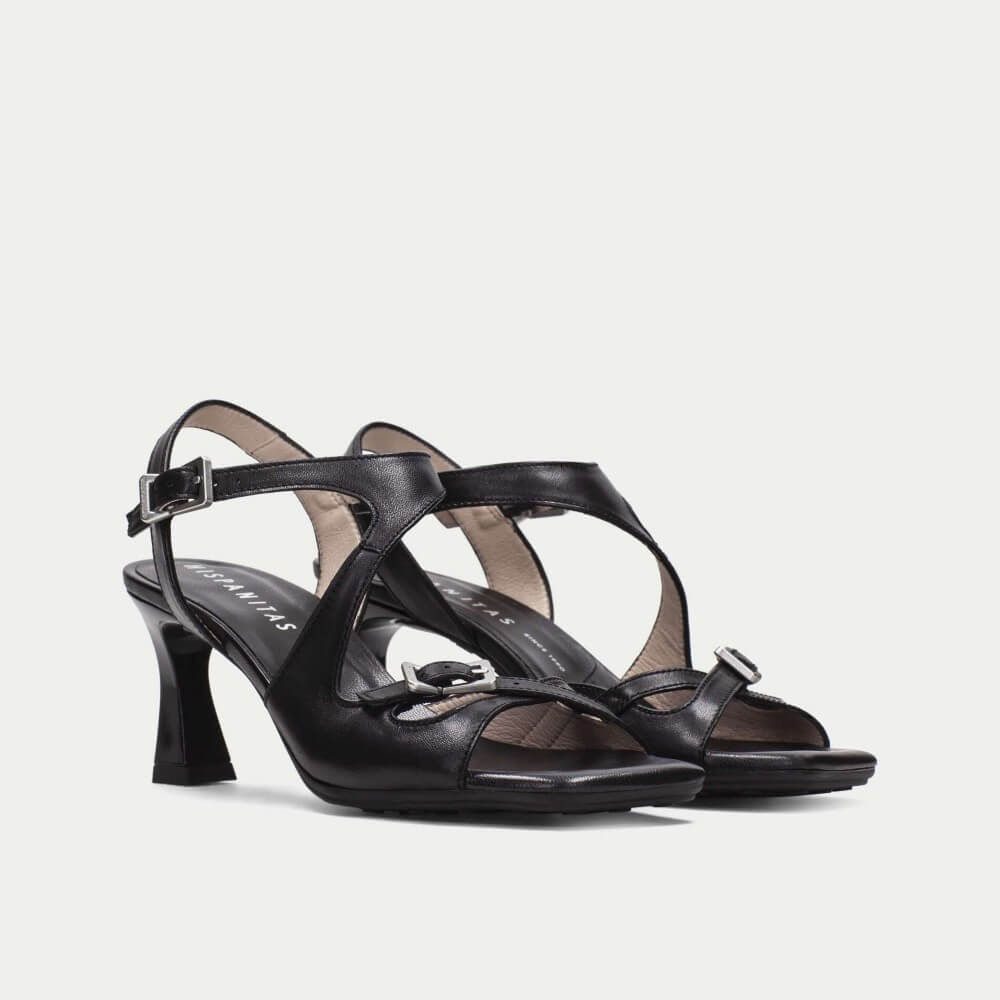 Pair of black high-heeled sandals on a white background