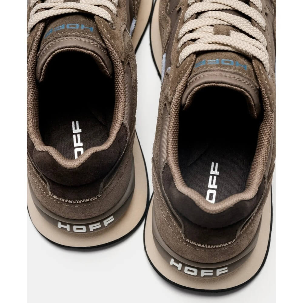 A pair of HOFF sneakers shown from a top-down angle, highlighting the brown suede and mesh uppers, beige laces, and beige midsoles with white HOFF branding on the heel.