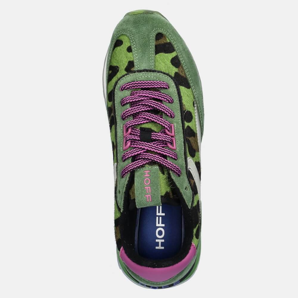 Green sneaker with leopard print and purple laces on a white background Hoff Art Sneakers in Green Animal Print
