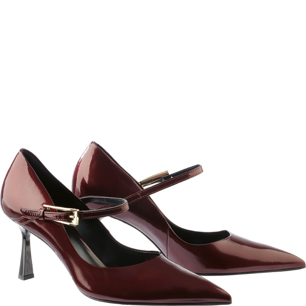 wine patent leather high heel shoe with a gold buckle Hogl Angel Modern Mary Jane pumps with delicate straps 11 7715