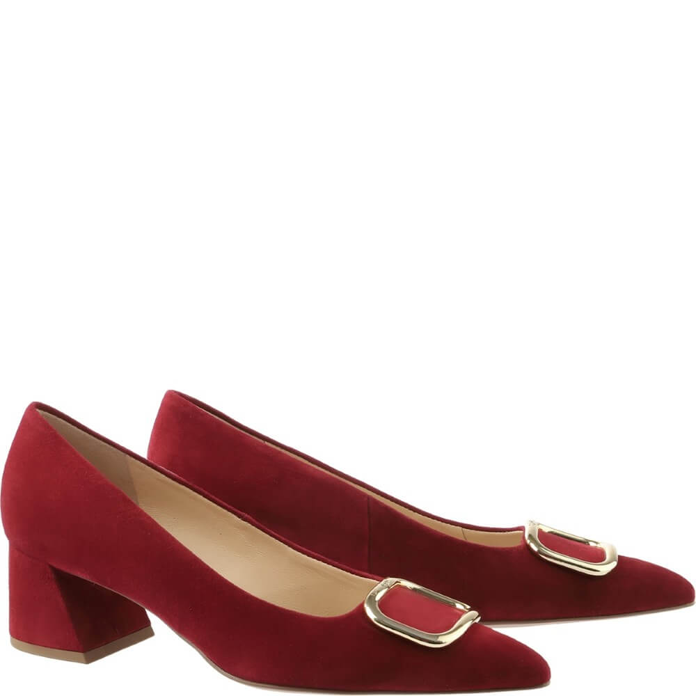 Red high-heeled shoes with gold buckles on a white background Hogl Classic Pumps Sheryl 10 4542 Cabernet Wine