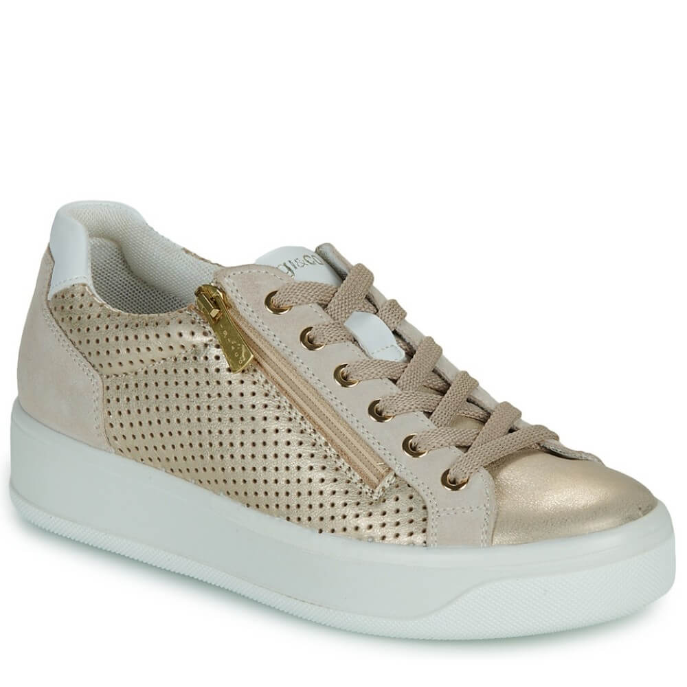 Gold sneaker with white sole on a white background