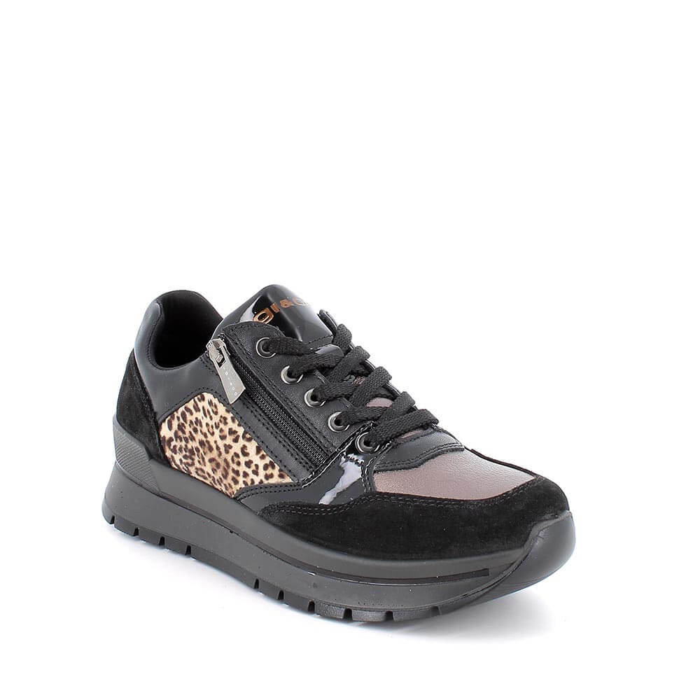 Black Leather Trainer with Leopard print