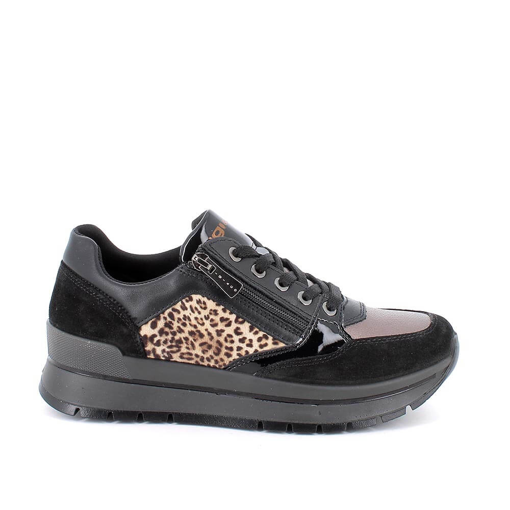Black Leather Trainer with Leopard print