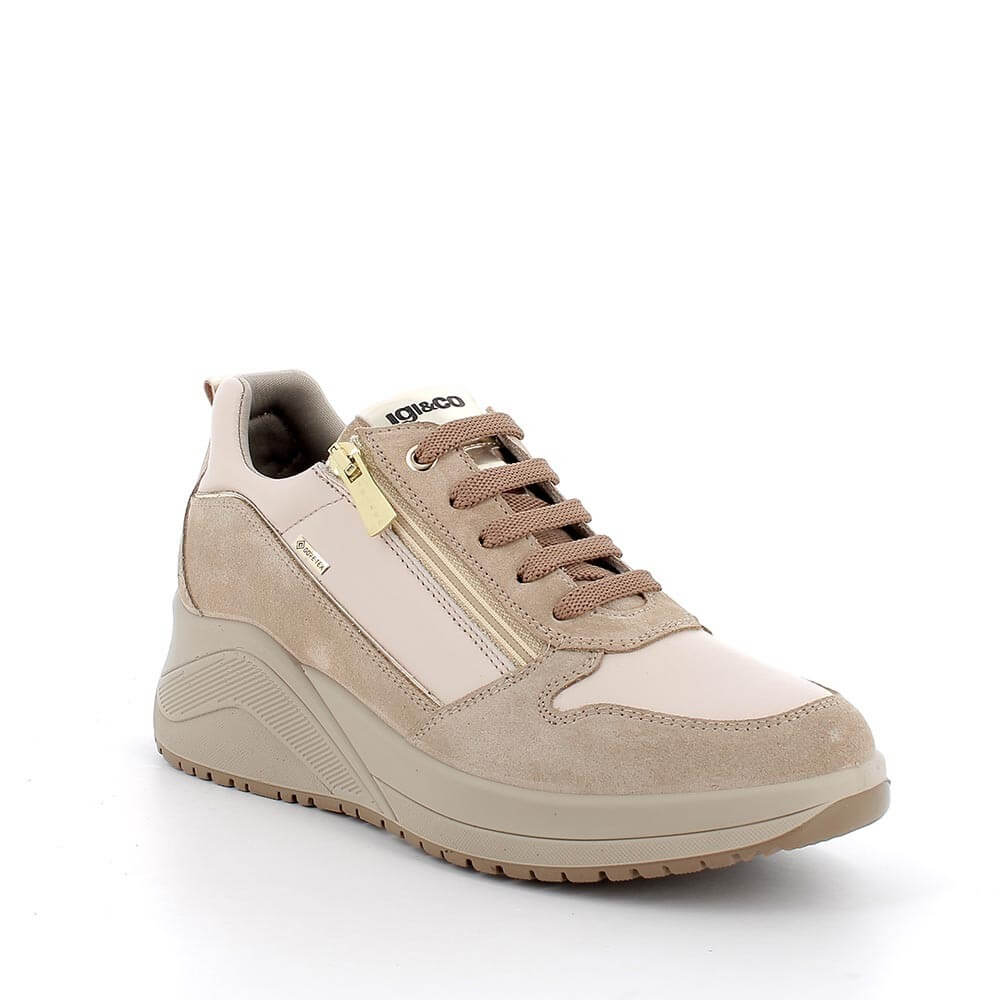beige Leather Wedge Laced Trainer